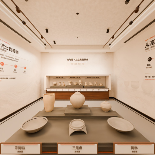 陶源馆正式全景，中央组合展台与后壁器型陈列