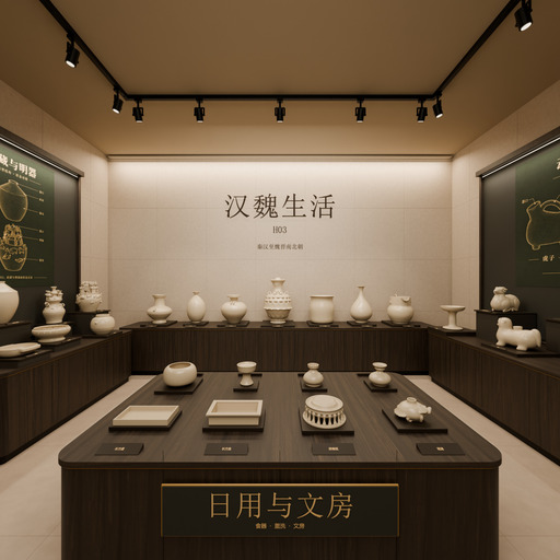 汉魏生活馆正式全景，素胚器型与双面展台