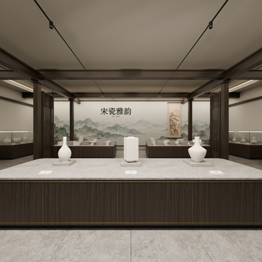 宋瓷雅韵馆，山水背景、木构与中央三器