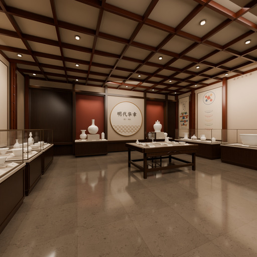 明代华章馆，木构展柜、中央文房与素胚器型陈列